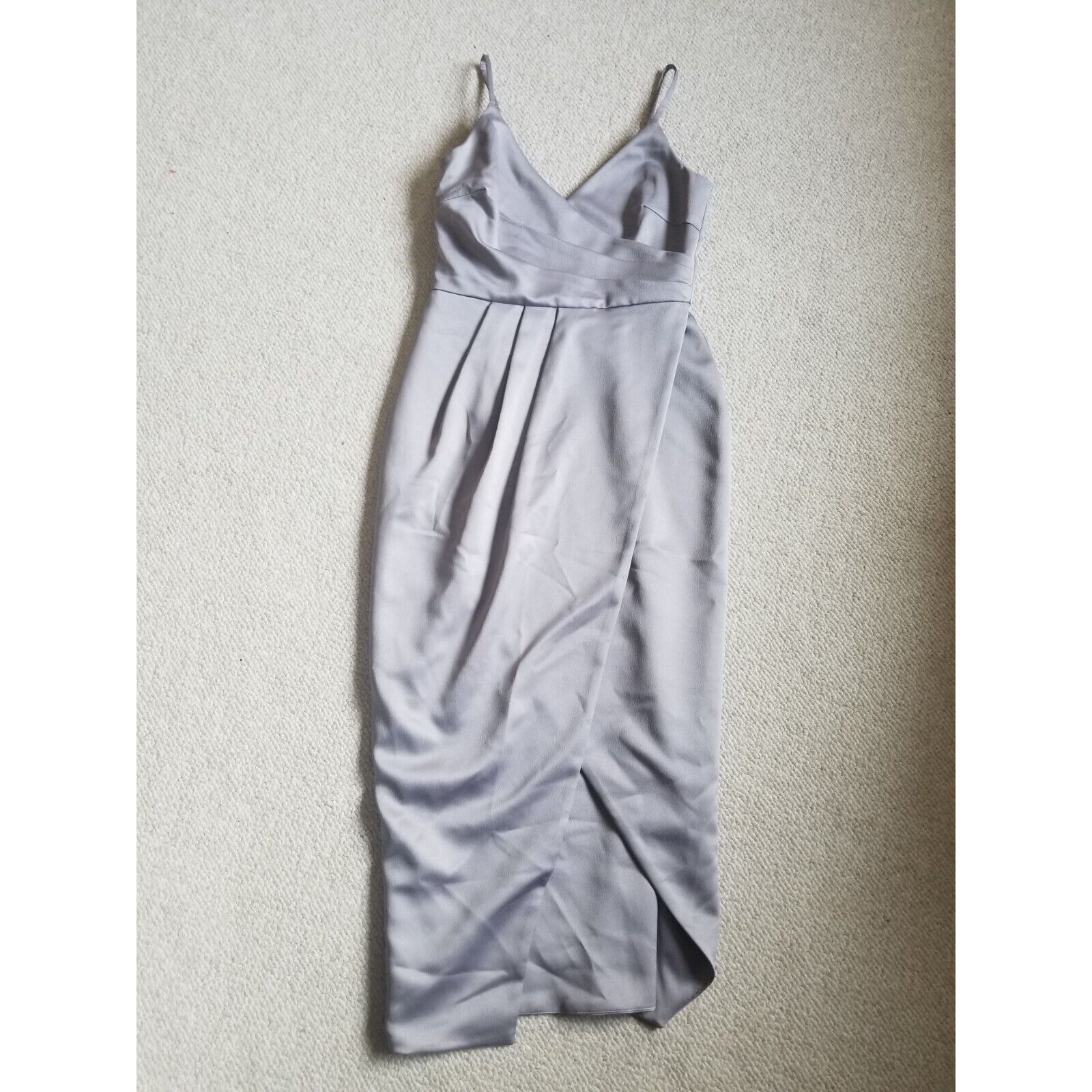 Womens Dress-Lavish Alice-Silver Gray Satin Stretch Faux Wrap Slvlss-Us 4
